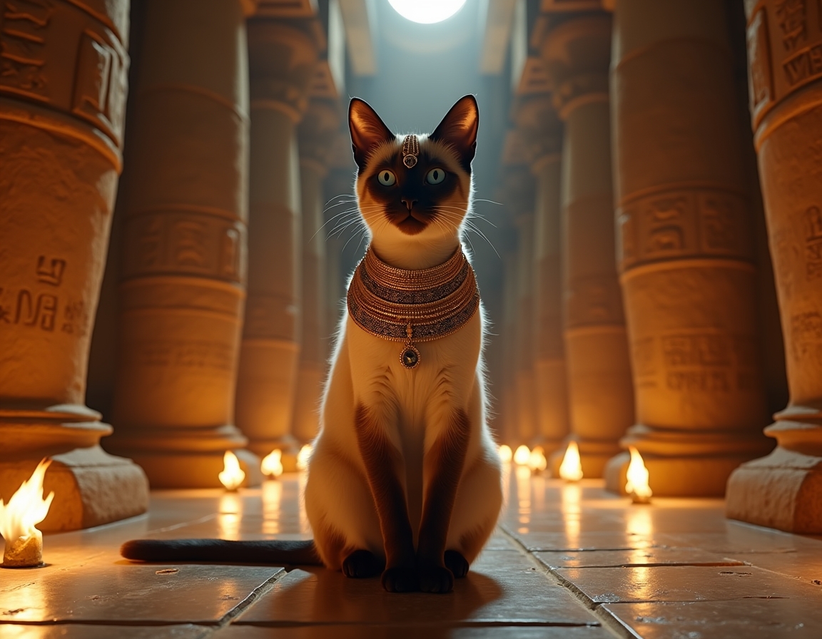 Cat dressed in luxurious golden regalia sits in an ancient Egyptian temple at night, surrounded by hieroglyphs and lit torches. The cat exudes the aura of a revered feline goddess, capturing the timeless majesty of ancient Egypt.
