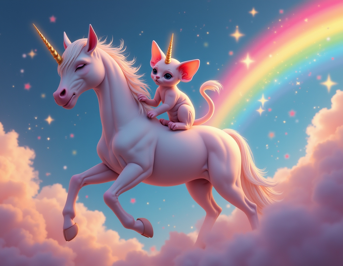 Cat rides a magical unicorn galloping across a rainbow, surrounded by glittering stars and fluffy clouds. The unicorn’s glowing horn creates a dreamy atmosphere.