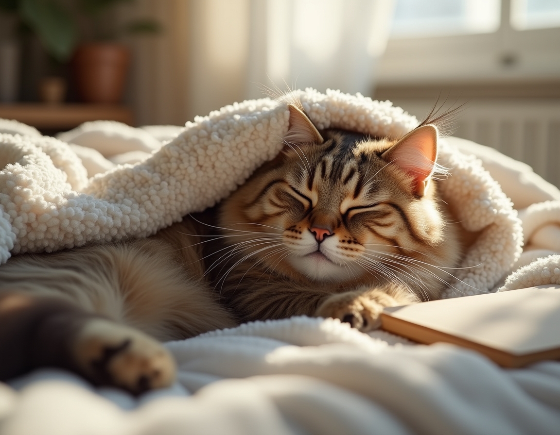 Cat is nestled under soft blankets on a bed, its eyes half-closed in peaceful relaxation. Morning sunlight streams through a nearby window, highlighting the soft textures of the bedding.